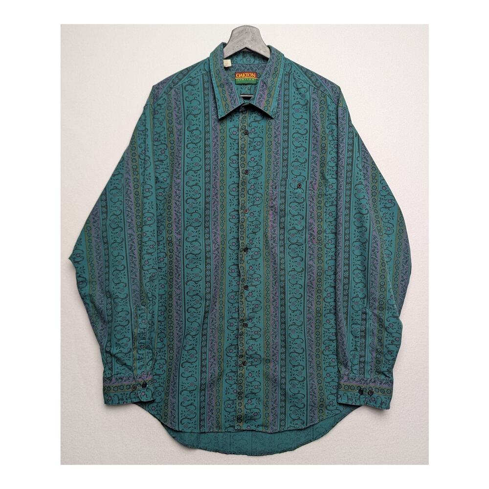 Vintage Oakton Limited‎ Green Floral Long Sleeve Casual Shirt XL
